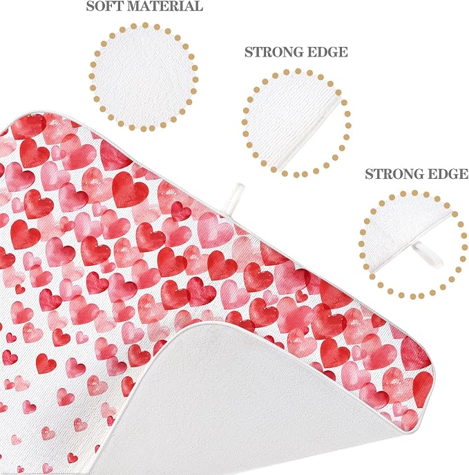 Valentines Dish Drying Mat 18x24 Inch Watercolor Red Pink Love Hearts Drying Mat Anniversary Day Holiday Absorbent Dish Drying Pad Dish Rack Drainer Mats for Kitchen Dining Counter