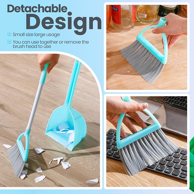 Roshtia 3 Pcs Mini Broom with Dustpan for Kids Broom and Dustpan Set Toddler Cleaning Set Boys Girls Small Cleaning for Kitchen Bathroom Pet (Yellow,Red,Green)