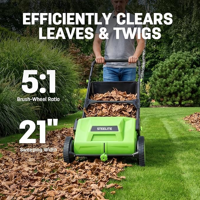 STEELITE 21inch Leaf & Grass Collector, Push Lawn Sweeper for Grass Clippings, Leaves & Debris, Manual Push Yard Sweeper with Height Adjustment & Large Collection Hopper