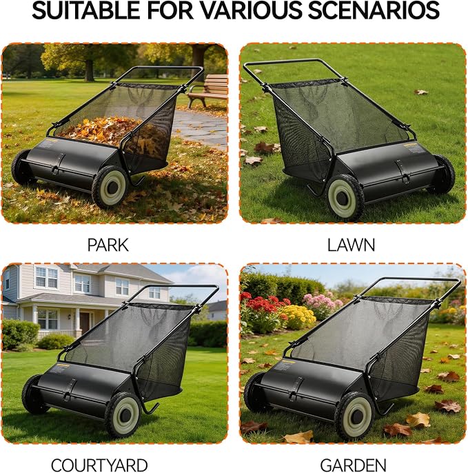 26 Inch Push Lawn Sweeper, Hand Powered Leaf & Grass Sweeper with 7 Cu Ft Hopper, 4 High-Speed Brushes, Height Adjustable, ABS & Steel Frame for Yard Lawn Cleanup (Black 2, 26 Inch)