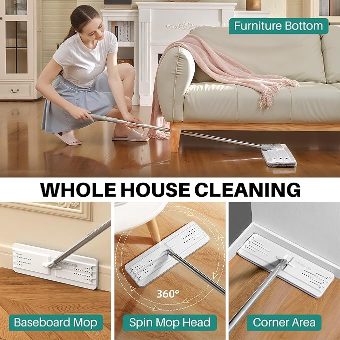 JOYMOOP Flat Mop System, Microfiber Mop and Bucket Set, White, Hands-Free Wet and Dry Floor Cleaning for Household and Commercial Use, Includes 5 Washable Pads