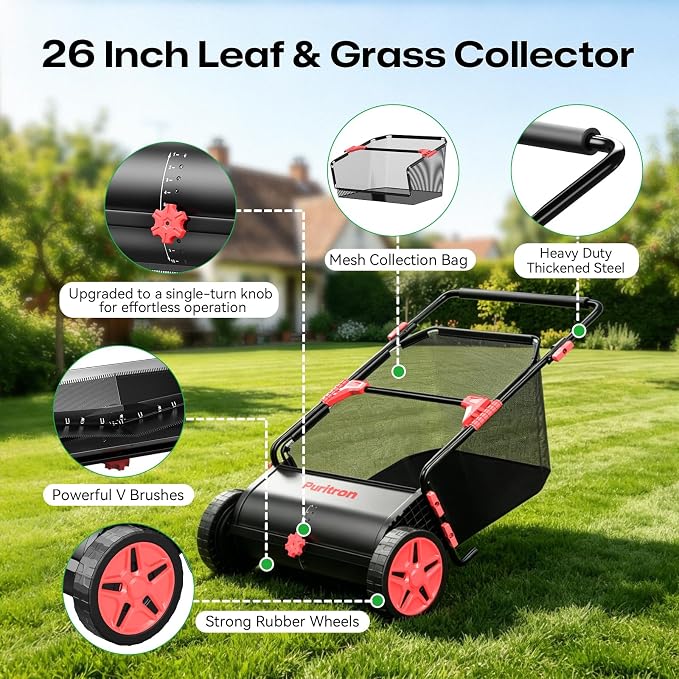 Push Lawn Sweeper, 26 Inch Leaf & Grass Collector, Strong Rubber Wheels & Heavy Duty Thickened Steel Durable to Use with Large Capacity 7 ft³ Mesh Collection Bag, 4 Spinning Brushes