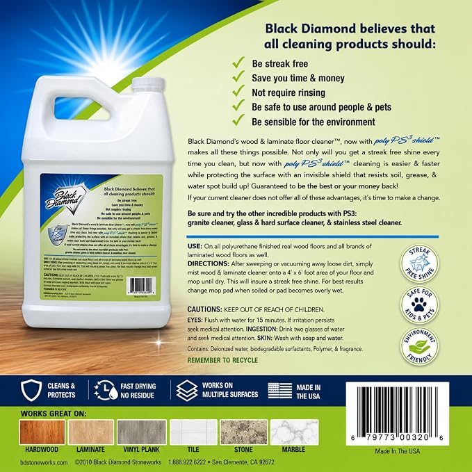 Black Diamond Stoneworks Wood & Laminate Floor Cleaner – No-Rinse Streak-Free Cleaner for Hardwood, Laminate, Engineered Wood & Luxury Vinyl Plank Floors (4 Gallons)