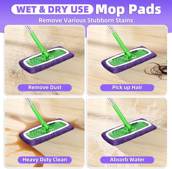 Reusable Mop Pads Compatible with Swiffer Sweeper Mop, Microfiber Wet Pads Refill & Machine Washable Dry Sweeping Cloths for Use on All Sealed Floors - Stone, Hardwood, Laminate & Tile (6 Purple)