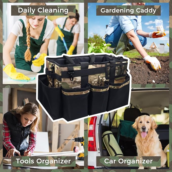SCAVATA Wearable Cleaning Caddy Organizer with Handle & Shoulder Straps for Housekeepers, Under Sink & Car Cleaning Tool Organizer Bag with 4 Foldable Dividers (Camouflage)