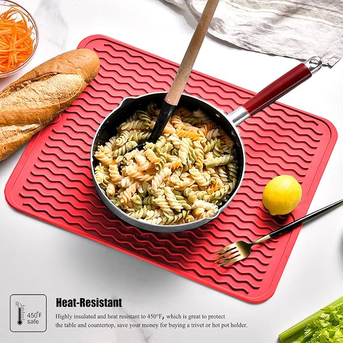 Silicone Dish Drying Mat, Non-Slip Easy Clean Sink Mat Large Heat-resistant Dish Drainer Mat for Kitchen Counter, Sink, Refrigerator or Drawer liner (18" x 16", RED)