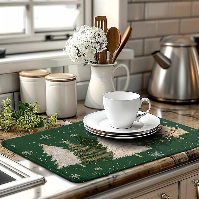 Green Christmas Tree Snowflakes Dish Drying Mat for Kitchen Counter 18x24 Inch Winter Xmas Holiday Dish Rack Mat Absorbent Microfiber Dish Draining Mat Reversible Drainer Pad