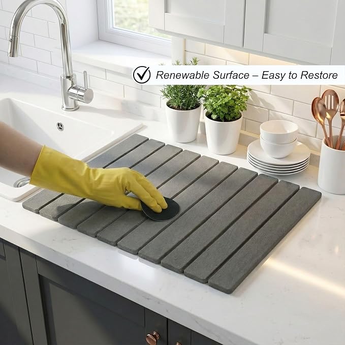 Stone Dish Drying Mat for Kitchen Counter – Large 24"×16" Instant-Dry Diatomaceous Earth Drying Mat, Foldable Quick-Dry Dish Drying Pad, Easy-Clean Kitchen Mat