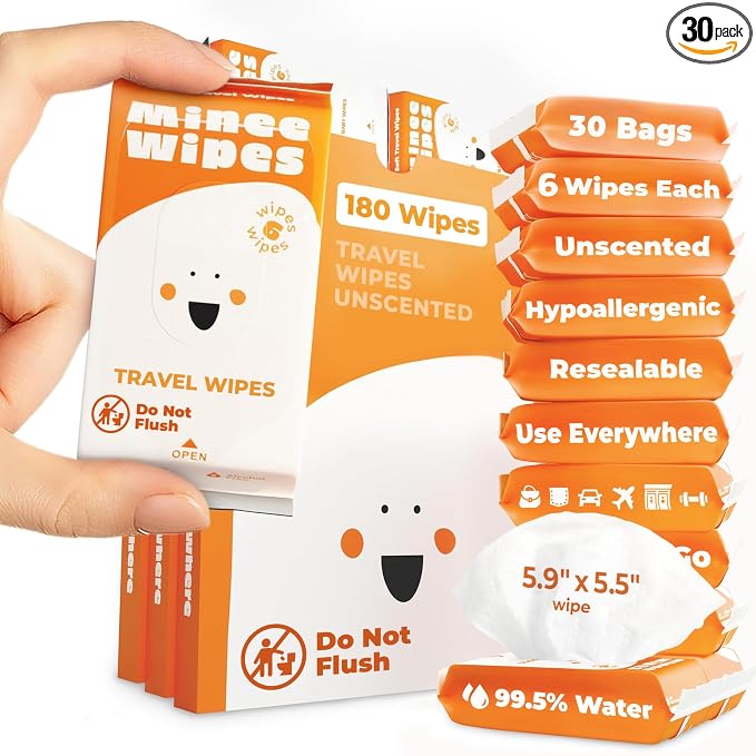 Impossibly Compact Travel Wipes - 99.5% Water - Safe for Sensitive Skin & Hypoallergenic, Resealable, Thick & Durable - For Adults & Kids - Unscented, 30 Pack Total 180 Wipes
