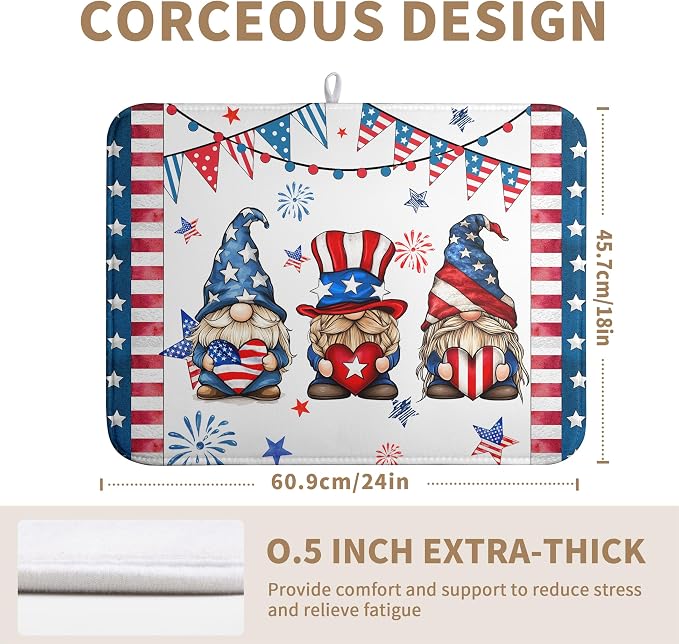 4th of July Gnomes Dish Drying Mat Patriotic Gnome Large Kitchen Mat Dish Drying Pad Absorbent Dish Dryer Mat for Kitchen Countertops Microfiber Drainer Pad Dish Drying Rack Mat (18x24 in)