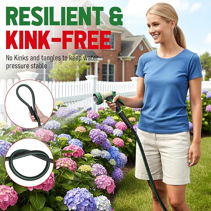 Garden Hose 50 ft x 5/8" with Nozzle, Water Hose Heavy Duty Flexible, Lightweight Kink-less Hybrid Hose with Swivel Handle, Male to Female Fittings