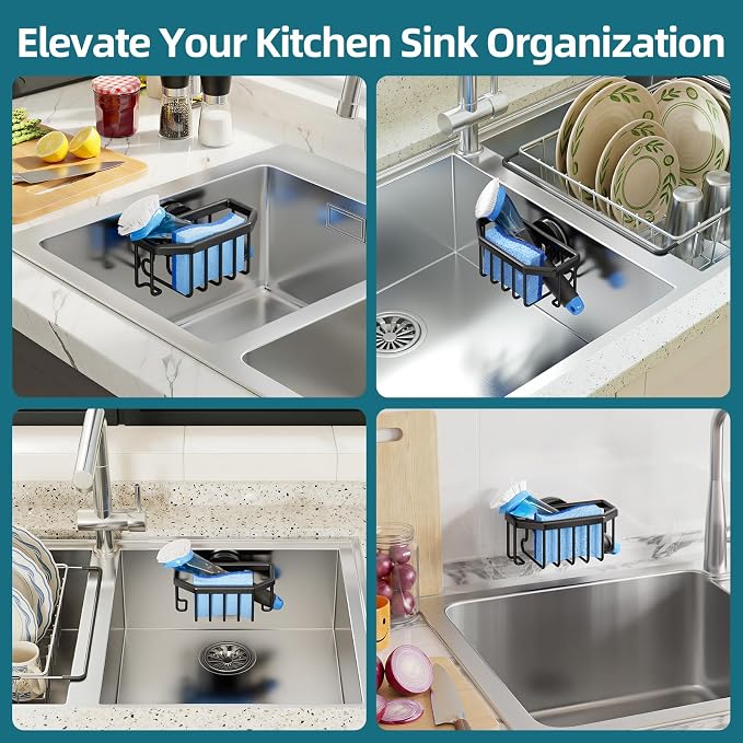 TAILI Sink Caddy with Strong Suction Cup, Sponge Holder for Kitchen Sink Organizer, Removable Sponge Caddy Inside Sink, Rustproof Aluminum Holder for Sponges, Brushes - Black