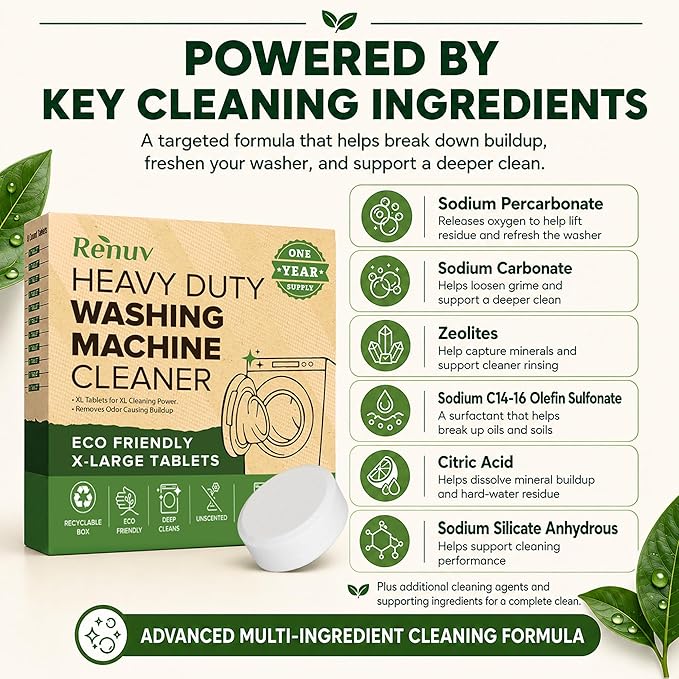 Renuv® Heavy Duty Washing Machine Cleaner & Descaler, 12 XL Tablets | Deep Cleaning Tablets Remove Residue, Grime Buildup, Front Load or Top Load Washer, HE and Septic Safe, 1 Year Supply