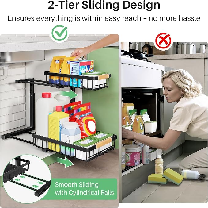 Kitstorack Under Sink Organizer, 2 Tier Under the Sink Storage, Slide out Pull out Cabinet Organizer Shelf, Metal Sliding Drawer for Kitchen Bathroom Pantry Closet Organization Rack, Black, 1 Pack
