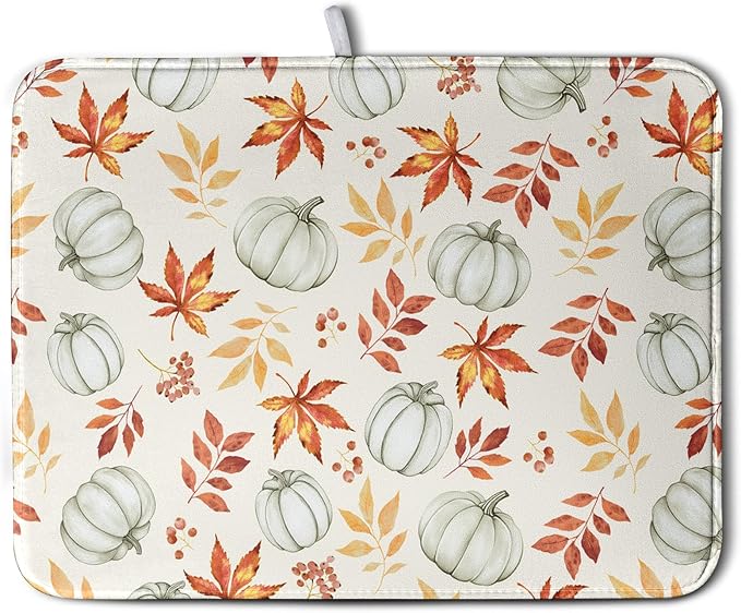 Fall Orange Maple Leaf Pumpkin Dish Drying Mat for Kitchen Counter Seasonal Autumn Thanksgiving Harvest Drying Mats Absorbent Microfiber Dishes Drainer Pad Holiday Dish Rack Mat 18x24 Inch