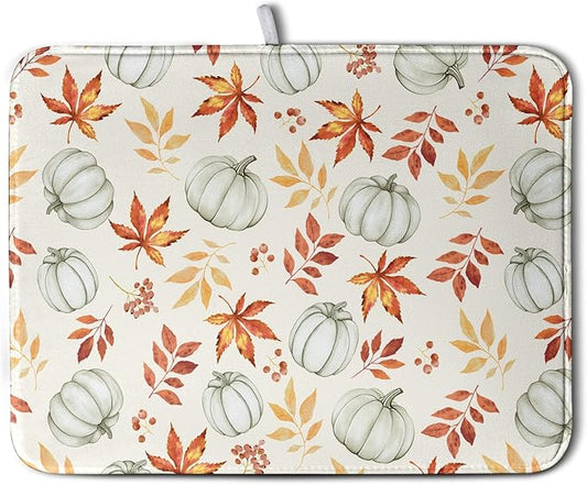 Fall Orange Maple Leaf Pumpkin Dish Drying Mat for Kitchen Counter Seasonal Autumn Thanksgiving Harvest Drying Mats Absorbent Microfiber Dishes Drainer Pad Holiday Dish Rack Mat 18x24 Inch