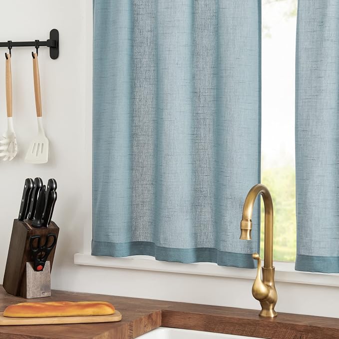 jinchan Kitchen Curtains and Valances Set 3 Pieces Linen Tiers and Valance 24 Inch Cafe Curtains with Valance Rod Pocket Farmhouse Small Drapes Set Rustic Country for Laundry Room Bathroom Blue | Light filtering, rod pocket, cafe curtains, farmhouse, m...