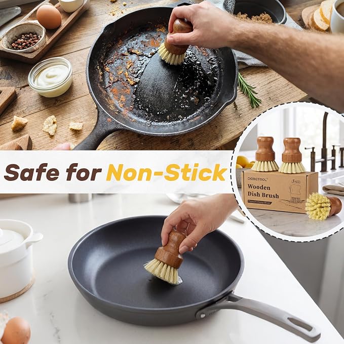 DEBETOOL 3-Pack Wooden Dish Brush - Natural Dish Scrubber & Vegetable Brush with Sisal Bristles, Kitchen Scrub Brush for Pots Pans & Vegetables