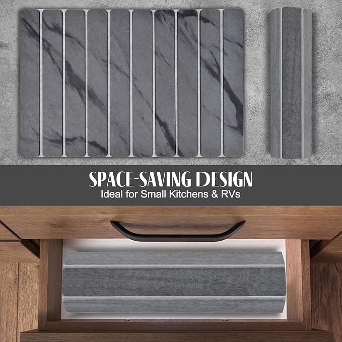 2 PCS Large Stone Dish Drying Mat for Kitchen Counter, 24"×16" Grey Marble Dish Drying Mat with 8"x 4" Coasters, Non - Slip Collapsible Absorbent Stone Dish Drying Mat for Multi - Purpose