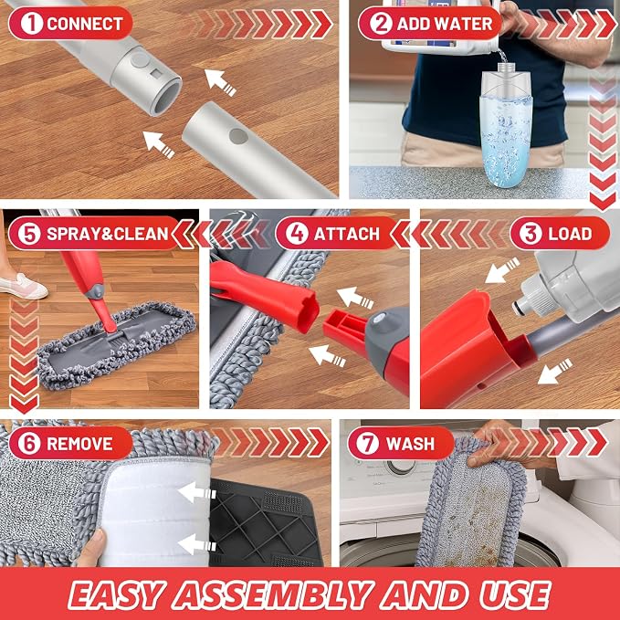 HOMTOYOU Dust Mop for Hardwood Floors: Microfiber Spray Mop for Cleaning | 3 Pcs Washable Reusable Pads, 1Pcs 400+ML Refillable Bottle, 360-Degree Swivel Mop, Red & Gray