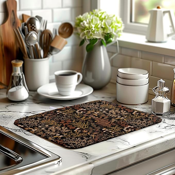 Black Burnt Orange Botanical Fall Dish Drying Mat for Kitchen Counter Seasonal Autumn Vintage Plant Floral Leaf Dish Mat Thanksgiving Absorbent Microfiber Dishes Drainer Pad Medium 16"x18"