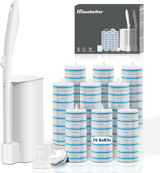 Disposable Toilet Brush with 70 Refills, Wall Mounted Toilet Bowl Cleaner Wand Kit and Holder, Bathroom Cleaning Supplies, Toilet Scrubber Disposable Heads, 1 Pack