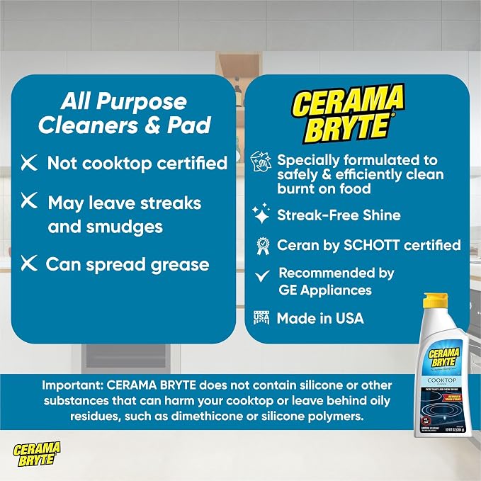 Cerama Bryte Cooktop Cleaning Kit, 10 oz Bottle, Scraper, Tool & 3 Pads