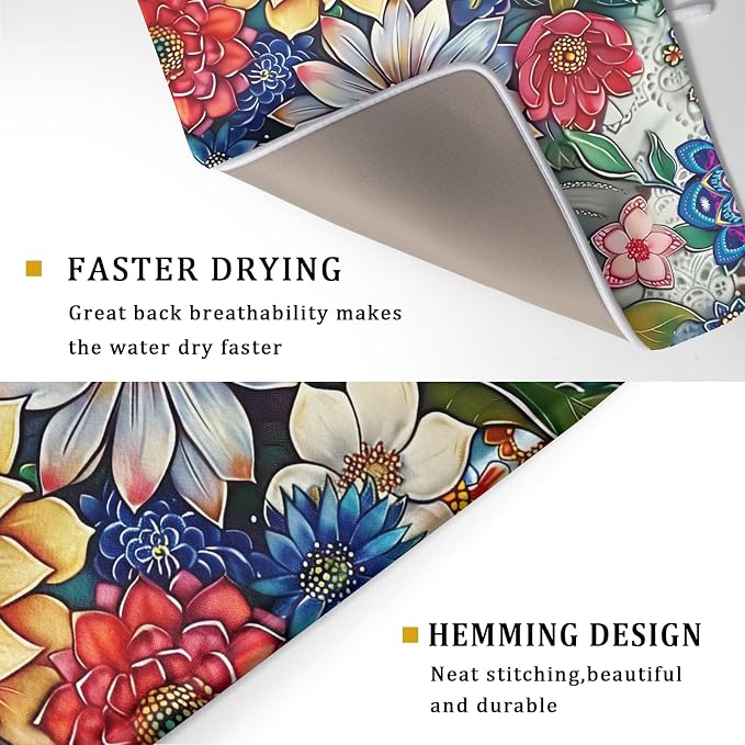 Boho Floral Dish Drying Mat for Kitchen Counter 18x24 Inch Super Absorbent Microfiber Kitchen Drying Mat Bohemian Flower Dish Drainer Rack Mat Reusable Washable Dish Drying Pad for Kitchen Coffee Bar
