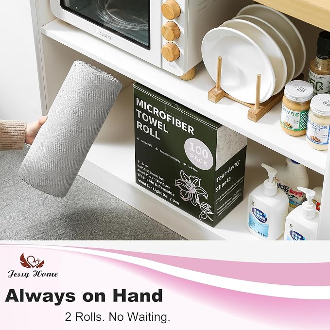 Jessy Home 2 Roll Reusable Paper Towels,100 Sheets Tear Away Microfiber Cleaning Cloth, Lint Free Cleaning Rags for Kitchen, Dishcloth,Household Cleaning Supplies
