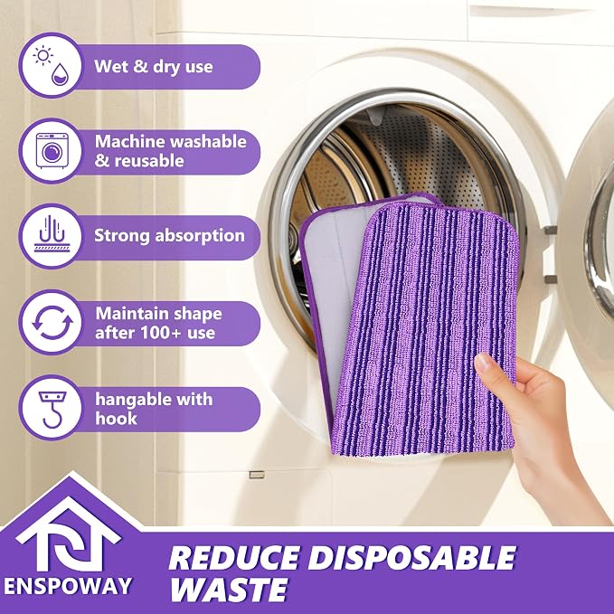 Reusable Microfiber Mop Pads for Swiffer PowerMop: 15” Washable Refills | 4 Absorbent Mopping Replacements, Wet Dry Use, for Multi-Surface Hardwood Tile Floor, Kitchen Bathroom Cleaning, Purple