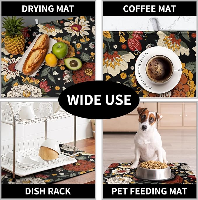 Vintage Floral Dish Drying Mat for Kitchen Counter Retro Sunflower Floral Absorbent Microfiber Dry Dish Mat Reversible Washable Dish Drainer Rack Mat 16x18 Inch