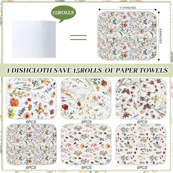 Reusable Cleaning Cloths Washable Cotton Kitchen Dish Towels for Home Party Supplies Bulk, 9.84x11.81in (36 Pack,Vintage Wildflower)