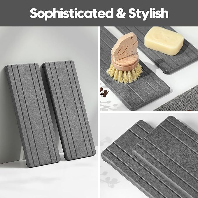 Razborci 2PCS Diatomite Quick Stone Drying Tray Mat For Bathroom & Kitchen Counter, Instant Dry Water Absorbent Drink Bar Coaster,Vanity Sink Caddy Organizer,Dish Soap Sponge Holder, Dark Gray,9"x3.5"
