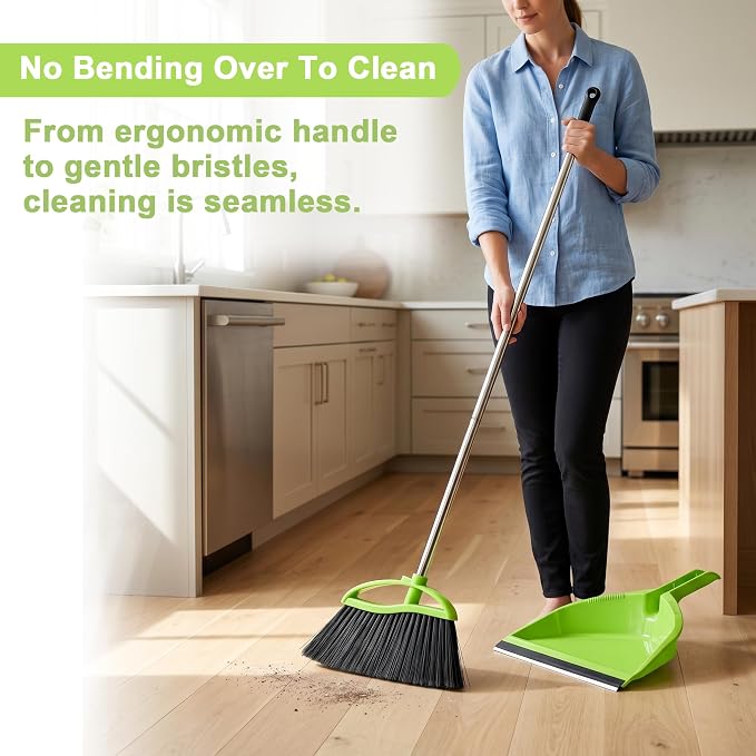 Soft Bristle Broom and Dustpan Combo Set, Long Handle Indoor Broom (Green) | No-bend Long Handle & Angled Head Sweep Dust Effortlessly. Rubber Strip Locks Fine Particles. For hardwood, tile