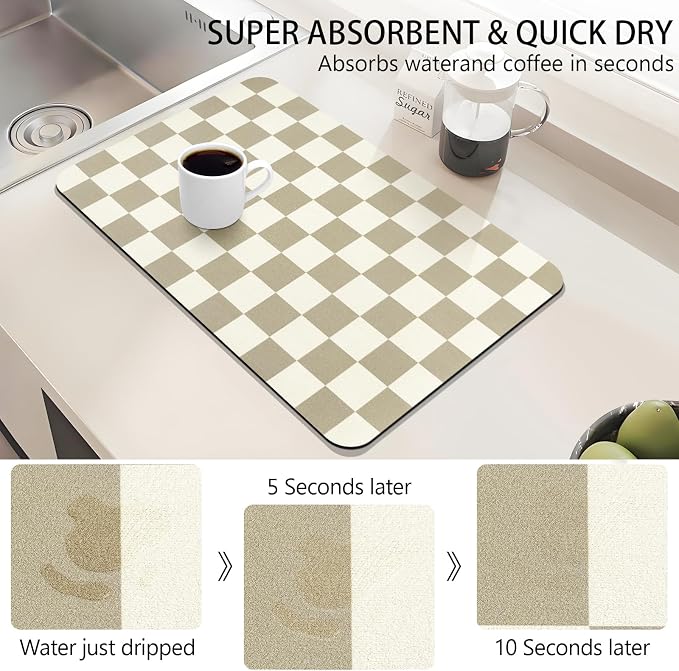 Dish Mat Drying Kitchen Mat, ,16"x 24" Super Absorbent Kitchen Dish Drying Pad for Countertop, Easy to Clean Drainer Mats with Non-slip Rubber Backed for Kitchen Counter, Beige Checkered