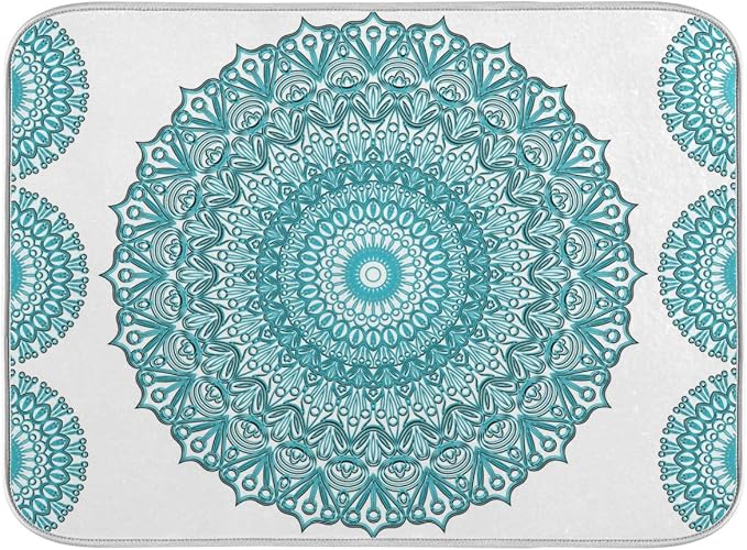 Super Absorbent Dish Drying Mat, Microfiber Fast-Drying Dish Mat, 24" x 18", Kitchen Dish Drying Pad, Boho Ethnic Turquoise Mandala