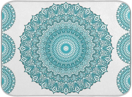 Super Absorbent Dish Drying Mat, Microfiber Fast-Drying Dish Mat, 24" x 18", Kitchen Dish Drying Pad, Boho Ethnic Turquoise Mandala