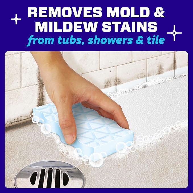 Mr. Clean Magic Eraser Sponge, Bathroom, Shower & Tub Cleaner, Soap Scum Remover, Bathroom Cleaning Supplies, Dawn Cleaning Power with Febreze Lavender Scent, 2 in 1 Bath, 7ct (Pack of 4)