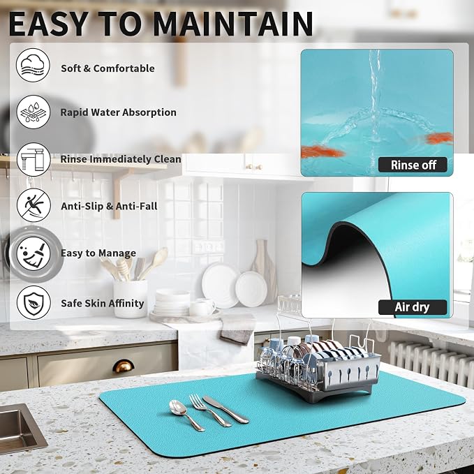 HotLive Dish Drying Mat for Kitchen Counter, Heat Resistant Drainer Mats with Non-slip Rubber Backed, Hide Stain Kitchen Super Absorbent Draining Mat, Easy to Clean Dish Rack Pad, Teal 16"x18"