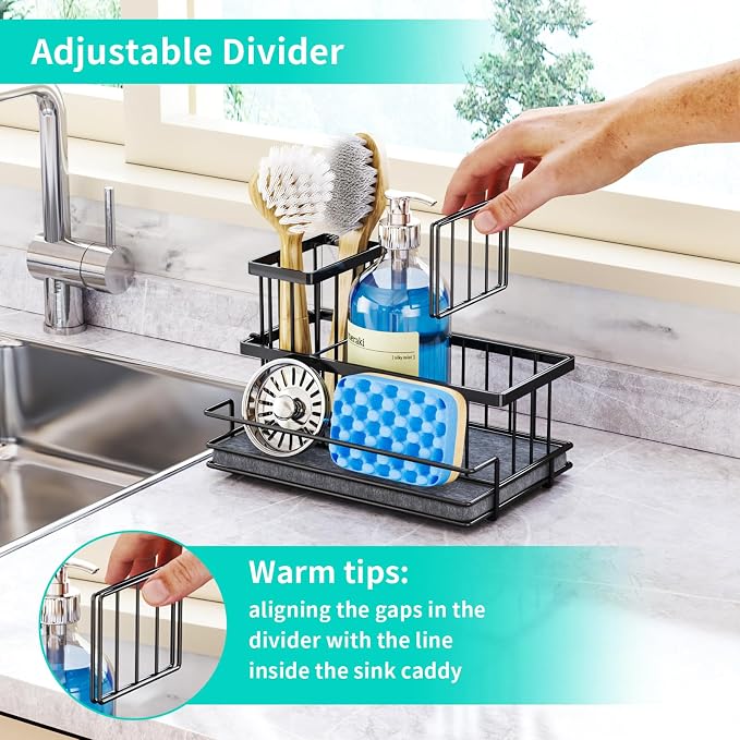 HapiRm Sink Caddy Sponge Holder - Kitchen Sink Organizer with Instant Drying Stone and Brush Holder, Stainless Steel Bathroom Counter Organizer - Black