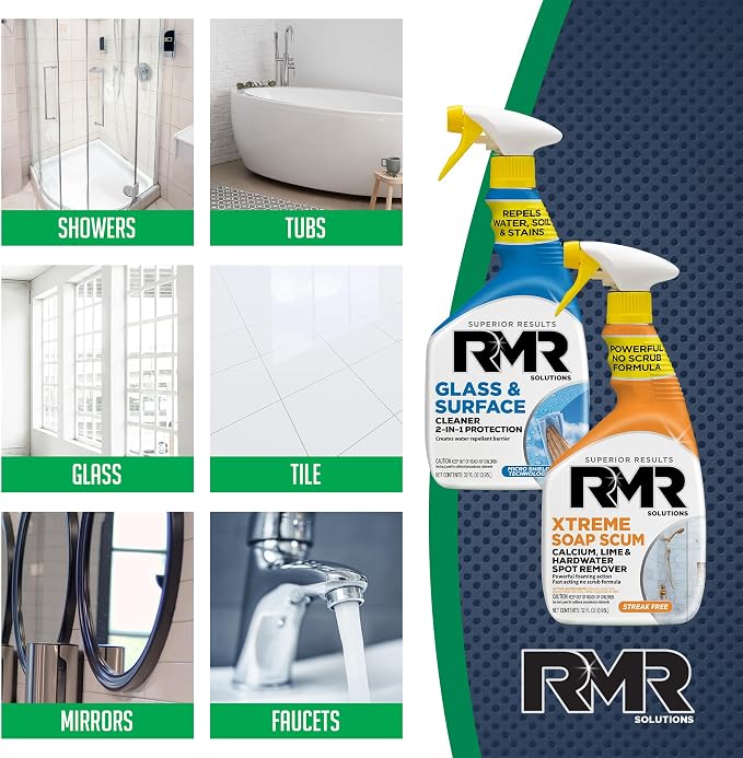 RMR Shower Shield Power Pack – Glass & Surface Cleaner/Repellent + Xtreme Soap Scum Remover, Multi-Surface Cleaning Kit for Bathroom, Tile, Glass, & Surfaces, 2–32 Oz Bottles