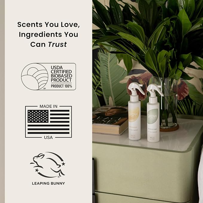 Grow Fragrance Scented Fabric and Room Air Freshener Spray - Certified Non-Toxic, 100% Plant-Based Essential Oils - 5 oz (Blondewood + Woodland Sage 2-Count)