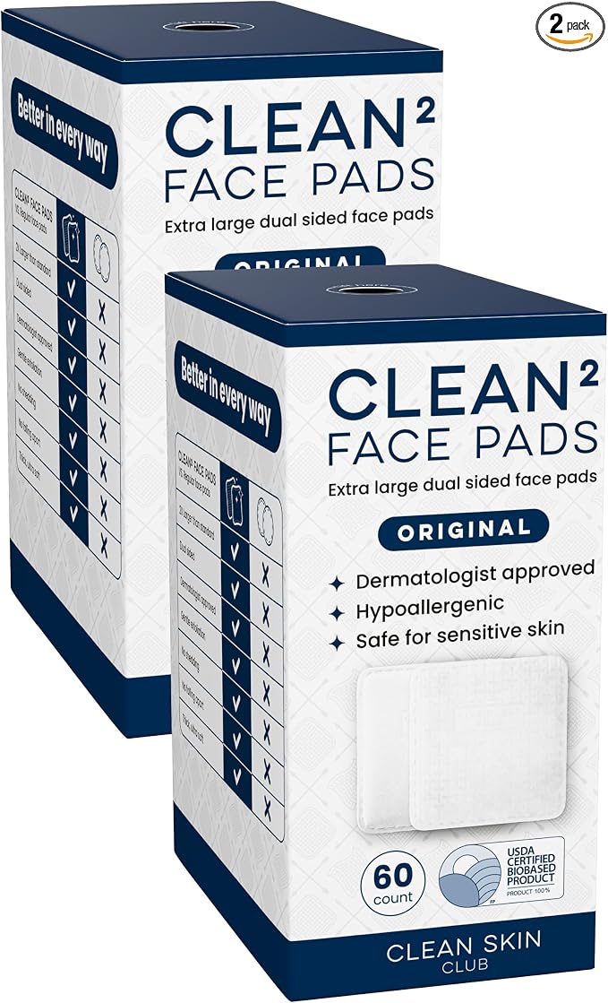 Clean Skin Club Clean² Pads 2.0 [NEW & Improved Edges] Guaranteed Not to Shed & Tear, Unique Triple Layers, Textured Side & Ultra Soft Side, Organic Disposable Cotton, Pair with Makeup Remover 2 Pack