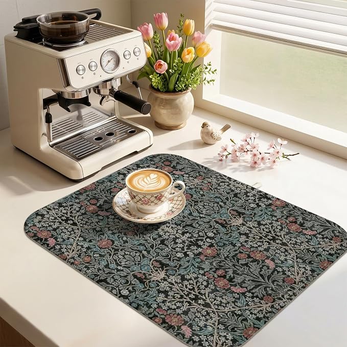Boho Dish Drying Mat for Kitchen Counter,Vintage Botanical Floral Farmhouse Absorbent Microfiber Reusable Washable Non-Slip Dish Drainer Draining Mats Dishes Pad for Kitchen Decor 18x16 Inch