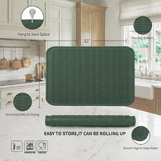 MicoYang Silicone Dish Drying Mat for Multiple Usage,Easy clean,Eco-friendly,Heat-resistant Silicone Mat for Kitchen Counter or Sink,Refrigerator or Drawer Liner Green 4XL 32 inches x 18 inches