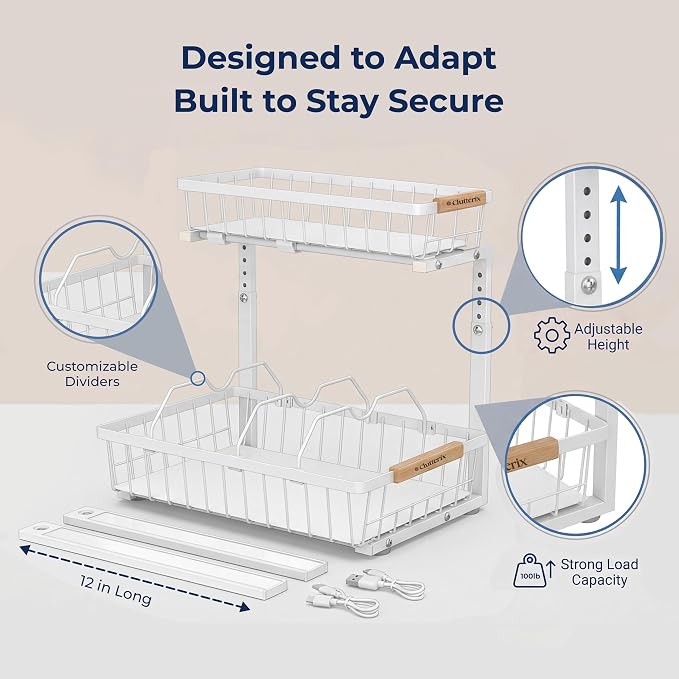 Under Sink Organizer with Motion-Activated LED Lights, 2 Pack, 2 Tier Sliding L-Shaped Carbon Steel Rack with Adjustable Height, Dividers & Hooks (White)