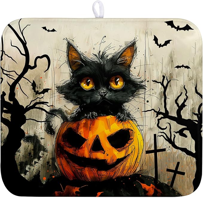 Black Cat Halloween Kitchen Dishes Drying Mat 16x18 Inch Halloween Fall Pumpkin Bat Dish Drying Mats for Kitchen Counter Absorbent Microfiber Dish Rack Mat Drainer Pad for Coffee Bar Sinks