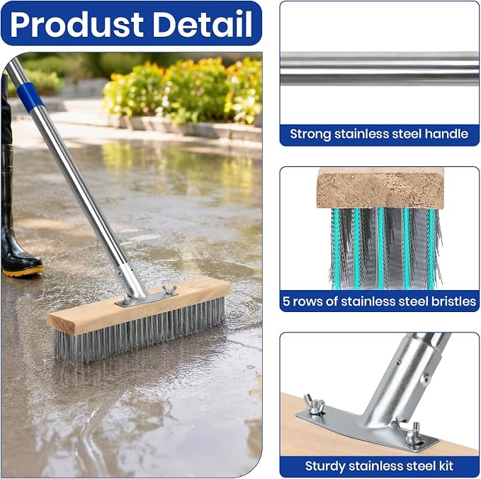 Stainless Steel Deck Scrub Brush, Outdoor Broom for Concrete, Deck, Cement Floor Cleaning, 56" Long Handled Heavy Duty Floor Scrubber
