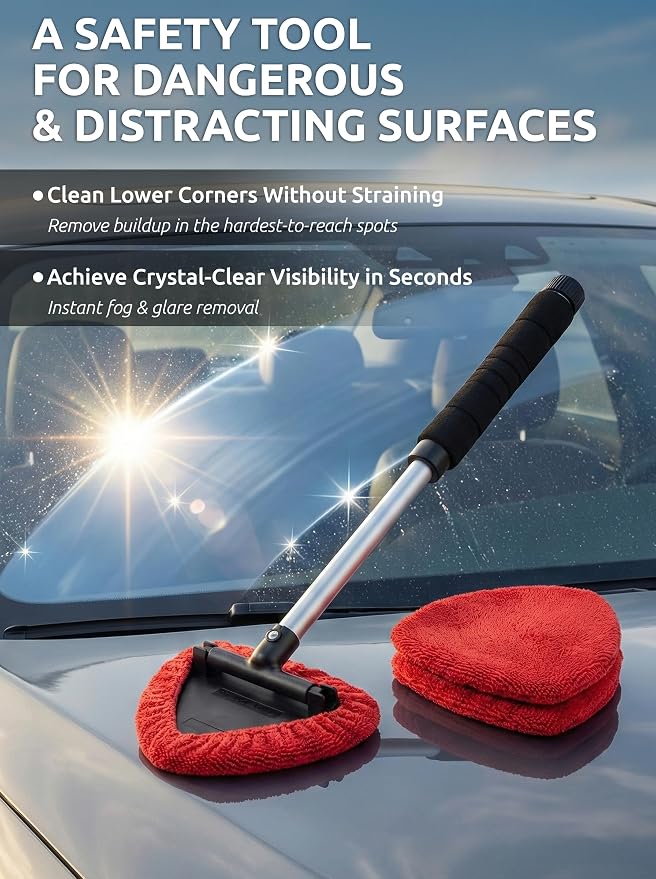 TAKAVU Window & Windshield Cleaner, Extendable, 3 Microfiber Pads (Red) | Pivoting Triangle Head Wiper Cleans Interior & Exterior Glass, 3 Washable Reusable Bonnets, Lint-Free