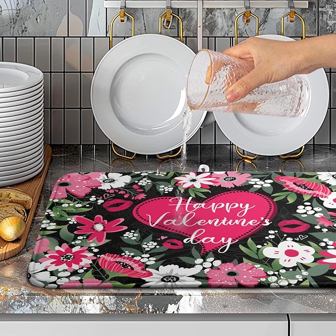 Happy Valentine's Day Dish Drying Mat for Kitchen Counter Valentines Flowers Love Heart Drying Mats Absorbent Reversible Dishes Drainer Mats Microfiber Dish Drying Pad Large Dish Rack Mat 18x24 Inch